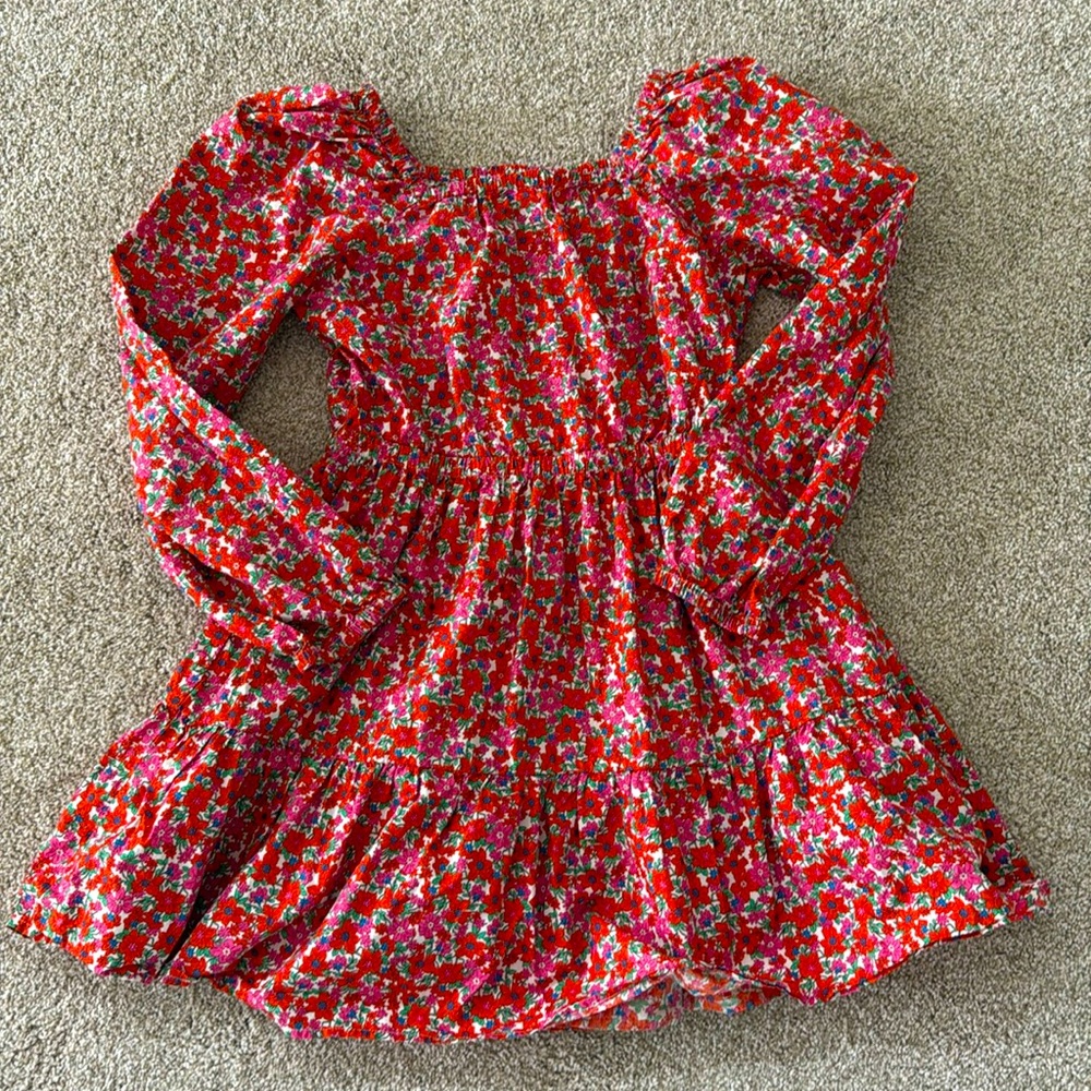 Girls' Red Floral Long-Sleeve Smocked Waist Dress